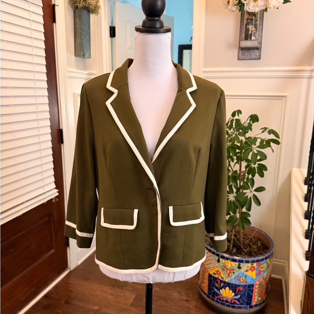 Modcloth NWOT Olive Green Blazer with White Piping Button and Pockets - Picture 2 of 6